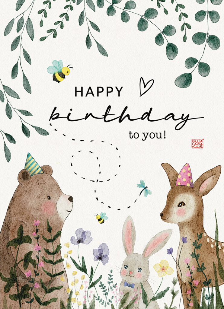 Biglietto illustrato per compleanno tema bosco con orso e cerbiatta con cappellino in testa, un coniglio in mezzo ai fiori e la scritta al centro Happy Birthday to you con un'ape vicino