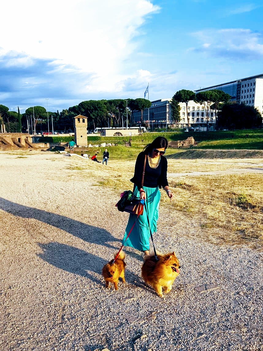 Foto di Giulia Carta con una gonna lunga turchese, maglia nera, i suoi due volpini che cammina di lato al Circo Massimo di Roma