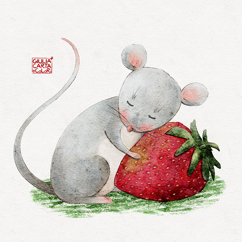 Illustrazione cute di un topolino con gli occhi chiusi che abbraccia una fragola