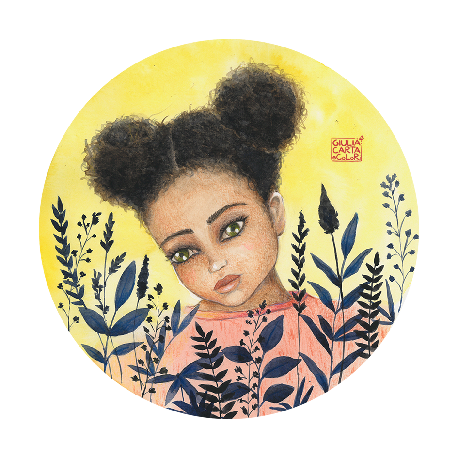 Illustrazione circolare con sfondo giallo, foglie blu in anteprima e ritratto di bambina africana con due codine tonde in testa e maglia rosa