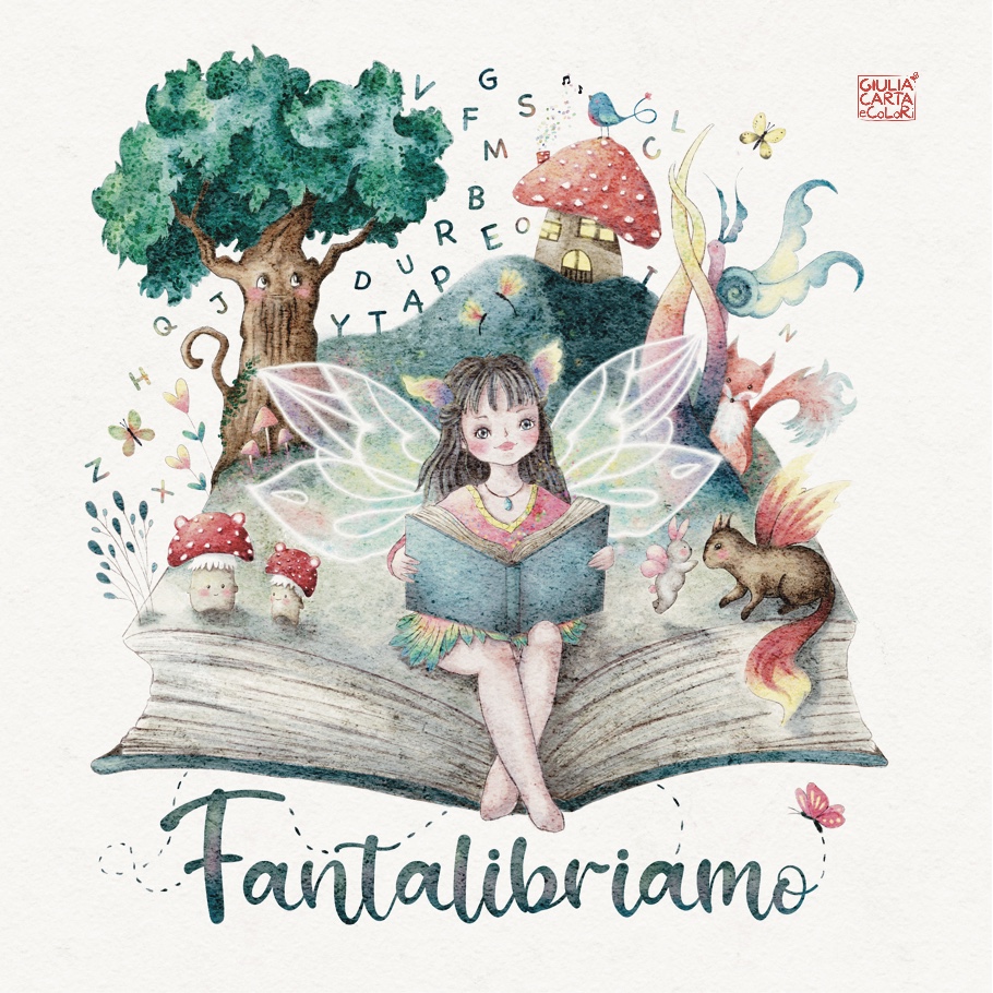 Illustrazione libro aperto con fatina seduta sopra che legge in mezzo a un bosco incantato