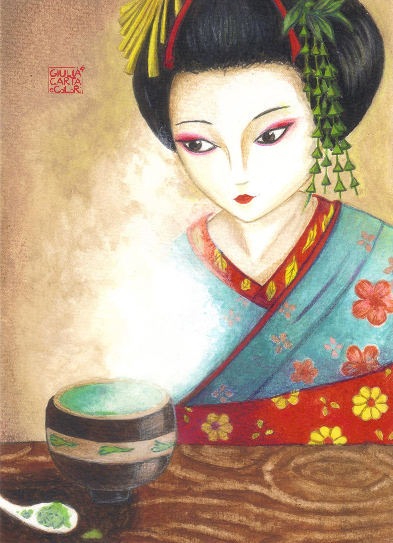 Illustrazione geisha davanti a una tazza di tè fumante