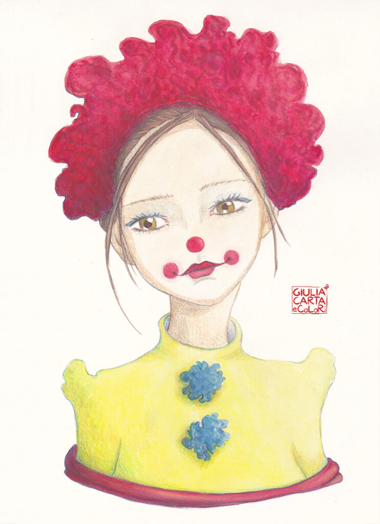 Illustrazione ritratto di un clown donna con maglia gialle e due pom pom turchesi sul petto e parrucca rossa in testa