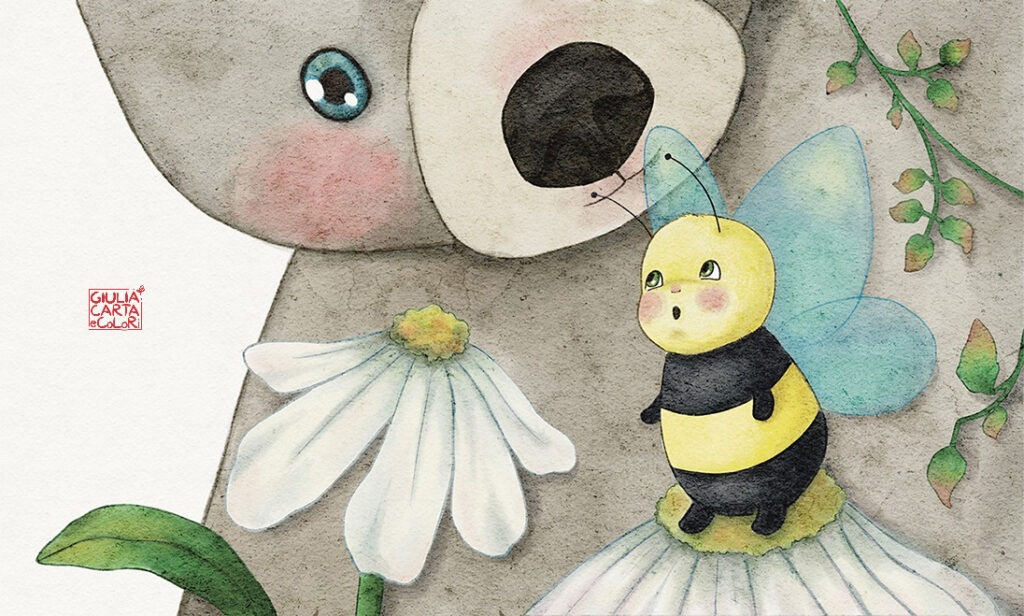 Illustrazione cute di un'ape su una margherita che guarda il suo amico orso
