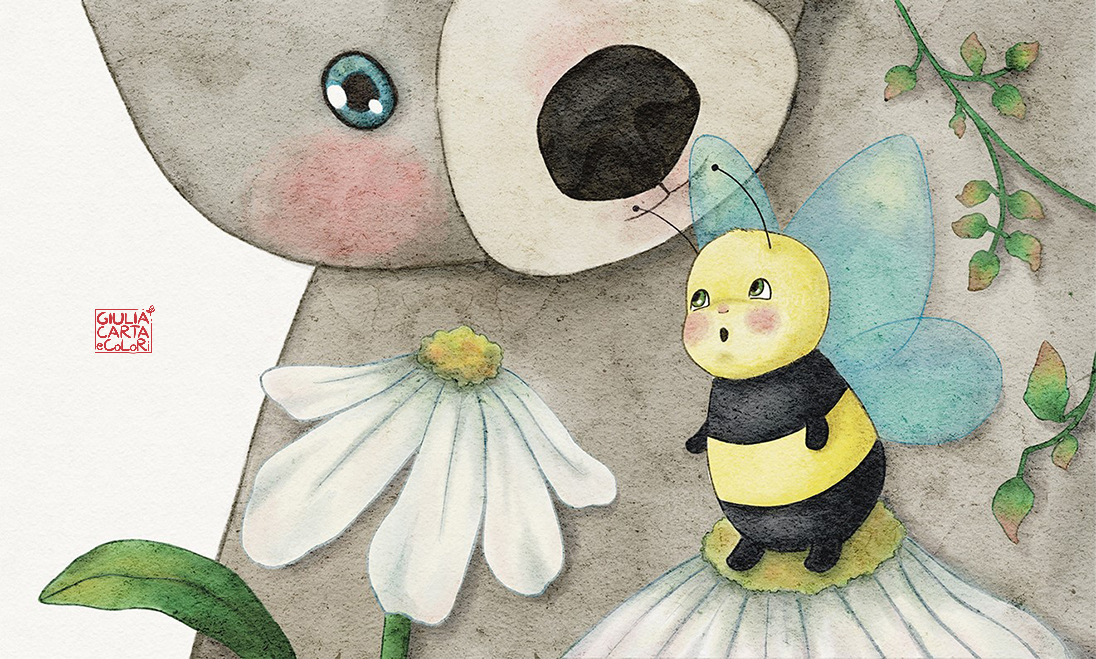 Illustrazione cute di un'ape su una margherita che guarda il suo amico orso