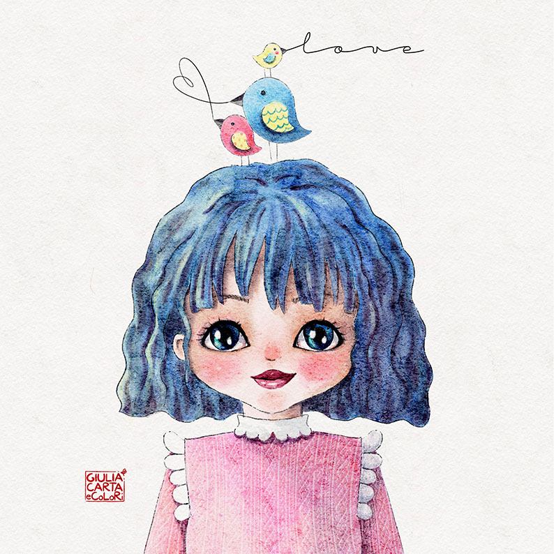 Illustrazione stile cute di bambina con capelli blu con in testa tre uccellini dal cui becco spunta un cuore e la scritta Love