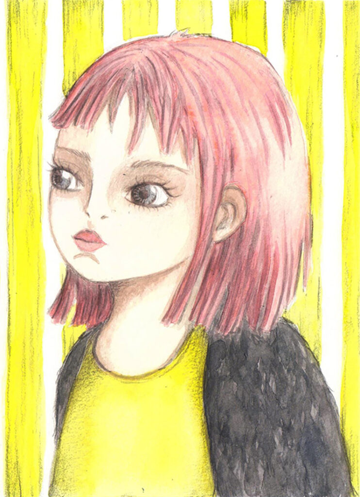 Illustrazione bimba con maglia gialla, giacchetta nera, capelli rosa e sguardo sognante