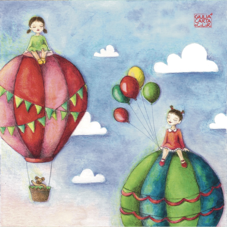 Illustrazione di due bambine gemelle sopra due mongolfiere, rosa e verde