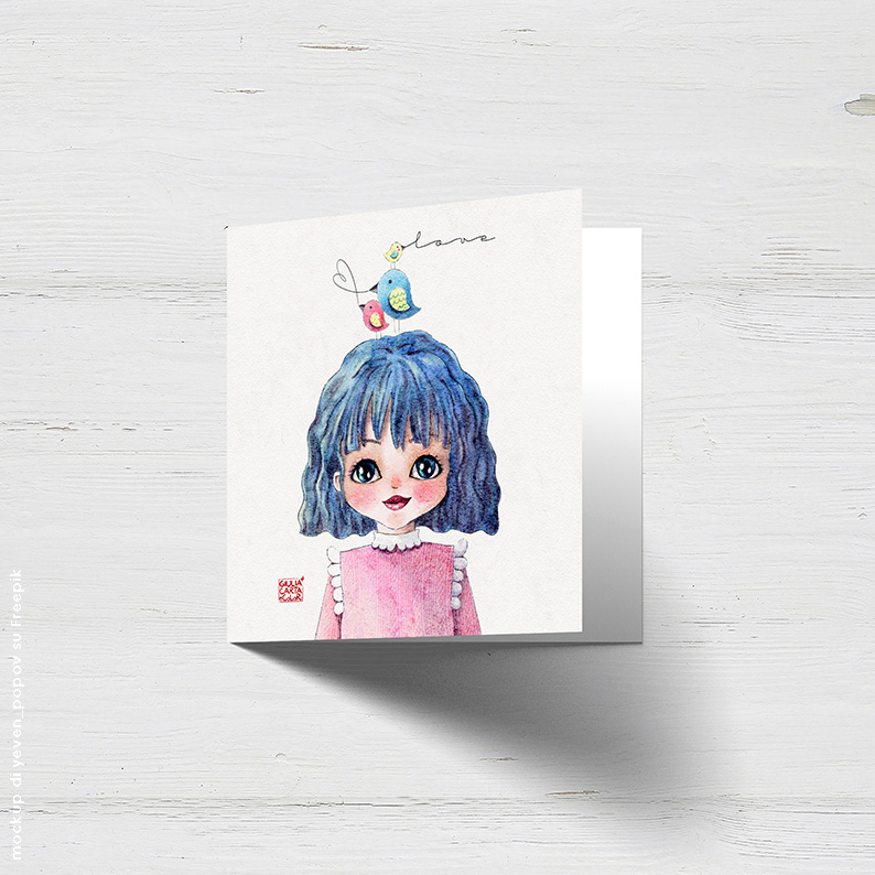 Biglietto d'auguri con disegno di una bambina con i capelli blu e tre uccellini sulla testa con la scritta love