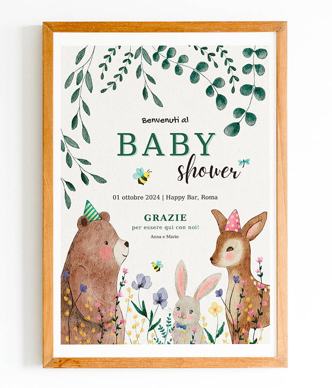 Locandina benvenuto baby shower con animali del bosco
