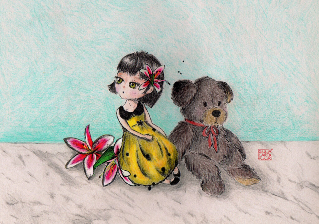 Illustrazione bambolina con vestito giallo e peluche orso