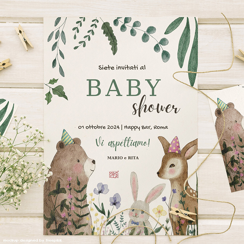 Invito illustrato per un Baby shower tema bosco un orso, un coniglio e una cerbiatta