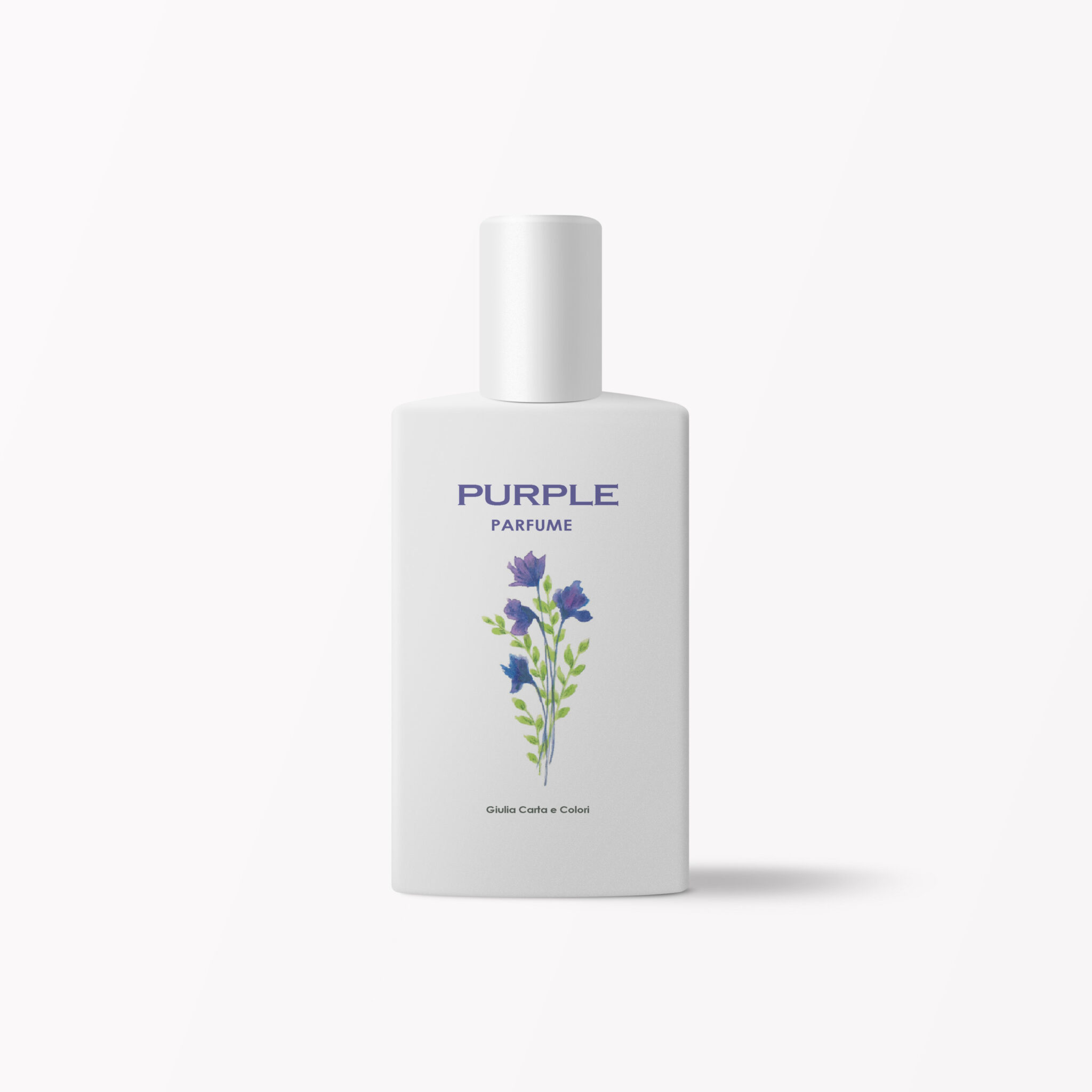 Esempio di Profumo con la scritta Purple Parfume e il disegno di un mazzolino di fiori viola sulla boccetta