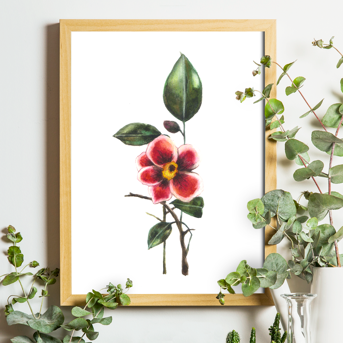 Stampa illustrata di ikebana con un fiore rosa