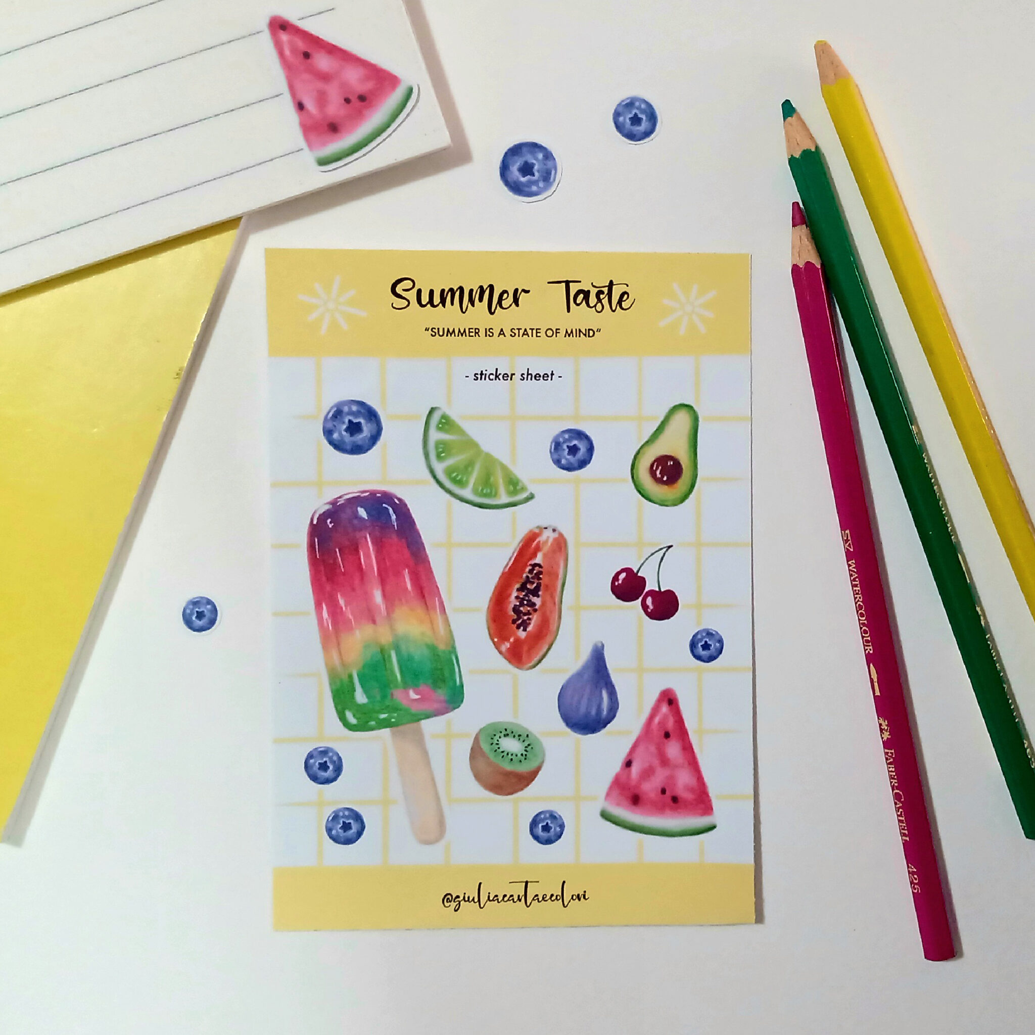 Stickers illustrati tema estate con frutta e ghiacciolo